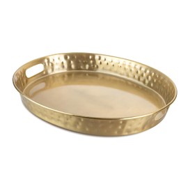 Monarch Abode Hand Hammered Metal Decorative Vanity Tray, Oval Ottoman Serving Tray for Kitchen Bathroom Counter Organizer, 17 inch, Brushed Gold