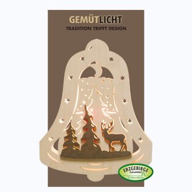 WEIGLA - Fensterbild original Erzgebirge Glocke Waldmotiv I Weihnachtsdeko Fenster I 1 Lampe I 7 W, E14 I Fensterbild Weihnachten I Weihnachtsbeleuchtung aus Holz I Fensterdeko hängend