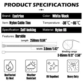 Eastrise Cable Ties,Thick Heavy Duty Large Strong Nylon Plastic Self Locking,250mm×3.6mm,(9.84 inch/25 cm) Extra Long Zip Tie Wraps - 100 Pack/White/9.84″×0.14″