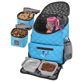 Mobile Dog Gear, Dog Travel Bag, Deluxe Quilted Weekender Backpack, includes Lined Food Carriers and 2 Collapsible Dog Bowl, Light Blue