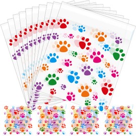 Pasimy 200 Pcs Paw Plastic Pet Print Cellophane Bags Self-adhesive Clear Treat Bags Dog Birthday Candy Bags for Pet Dog Party(Clear Colorful)