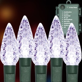 TWINGLEHOME 100LED C6 Lights,Green Wire,Waterproof Battery Case,Multi Functions,Timer,Cool White（2 Sets - Each 50 Count LED）