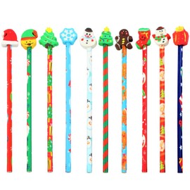 KAHEIGN 50Pcs Christmas Pencils with Erasers, 10 Styles Cartoon Erasers on The Pencils End, Snowman Stocking Gingerbread Man Hat Christmas Tree Pencils for Kids Xmas Stocking Box Fillers Party Favours