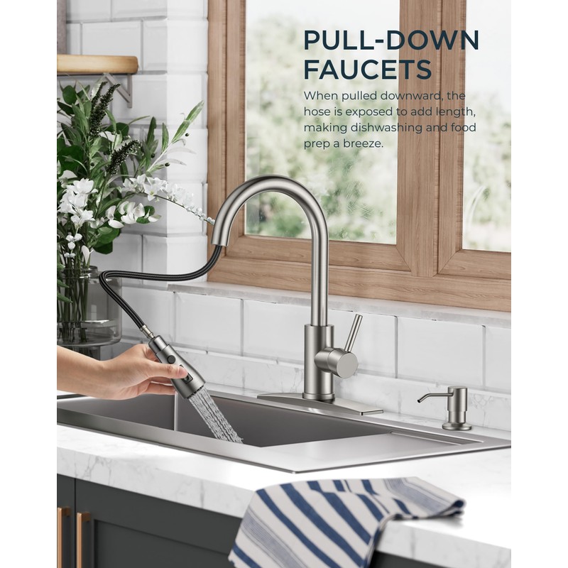 FORIOUS Kitchen Faucets with Soap Dispenser, Brushed Nickel Kitchen Faucets