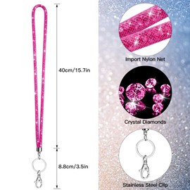 Soleebee Bling Crystal Lanyard, 31.5'' Office Neck Strap Lanyard with Metal Clasp & Keyring, Rhinestones Lanyard Keychain for Women, ID Card, Keys Strap (Hot Pink)