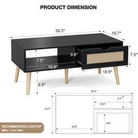 ZttRiee Coffee Table with Storage, Boho Dining Table with Rattan Drawer and Solid Wood Legs, Small Coffee Tables for Living Room, Black