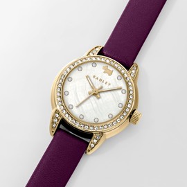 RADLEY Womens Gold Plated Stone Set Mother of Pearl Deep Purple Leather Strap Watch