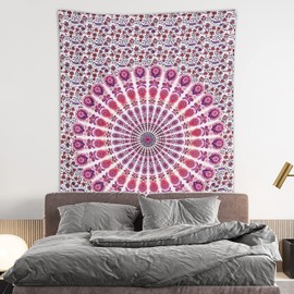 Bless International Handmade Indian hippie Bohemian Psychedelic Peacock Mandala Wall hanging College Dorm Beach Throws Table Cloth Bedding Tapestry (Pink Blue, Twin(54x72Inches)(140x185cms))