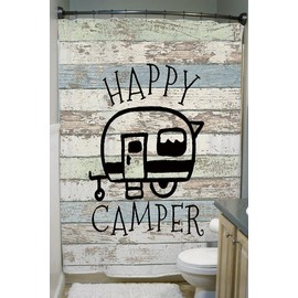 JAWO Happy Campers Shower Curtain Retro Rustic Wood Neutral Color for Travel Trailer Camping Theme Motor RV Bathroom Stall Shower Curtain Set, Waterproof Fabric Shower Cutain, Hooks Include 60X72