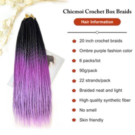 Ombre Purple Crochet Box Braids Pre Looped Crochet Braids for Women and Girl 20 Inch Small Size Thin Braid Hair Extension (Ombre Purple, 20 inch box braids 6 packs)