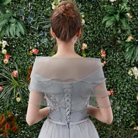 SamHeng Tulle Wedding Shawl Wrap for Women Lace Evening Cape Bridal Shoulder Covers up Scarf for Dress Prom Party Open Front Summer Wedding Dress Bolero Cardigans Elegant Capelets for women(Grey)
