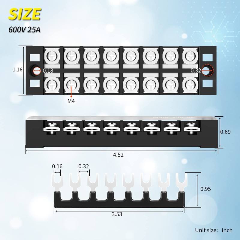 Joinfworld 8 Position Terminal Block 25A 600V Dual Row Screw