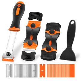 NECAMOCU 4 Pack Razor Blade Scraper, Premium Cleaning Scraper Tool with 50 PCS Metal & Plastic Razor Blades, Multi-Purpose Glass Scraper for Windows, Sticker, Decals, Cooktop, Paint Removal (Orange)