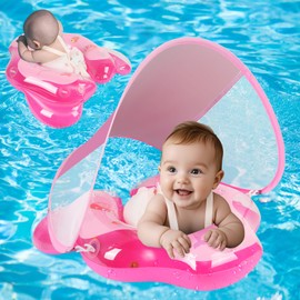 Baby Pool Float with Canopy: Baby Floaties for Infants 6-48 Months Toddler Qoosea Baby Swimming Floats Wider Rear Wing No Flip Over UPF50+ Sun Protection (Pink)