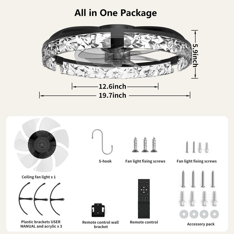 Aphyni Ceiling Fans with Lights and Remote, Crystal-Edged Modern Flush