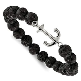 CoutureJewelers Stainless Steel Polished with Black Lava Stone Anchor Stretch Bracelet