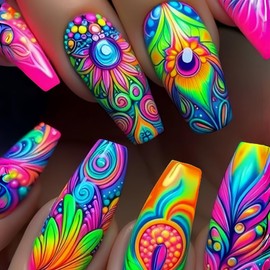 Colorful Press on Nails Flower Fake Nails Medium Square False Nails Peacock Feathers Design Stick on Nails Coffin Acrylic Nails Full Cover Cute Glue on Nails Spring Artificial Nails for Women 24Pcs