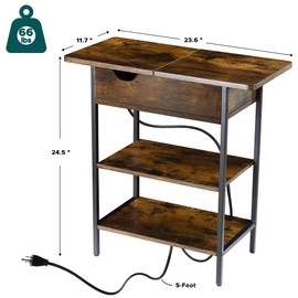 EasyCom End Table with Charging Station Set of 2, Small 3 Tier Side Bed Table with USB Ports and Outlets, Narrow Bedside Desk for Living Room, Flip Top, Open Shelves