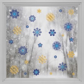 Alwayspon 94Pcs Blue and Gold Snowflake Window Clings Stickers, Double Sided Static Window Decals, Anti-Collision Glass Decals for Home Shop Window Display Christmas Decoration