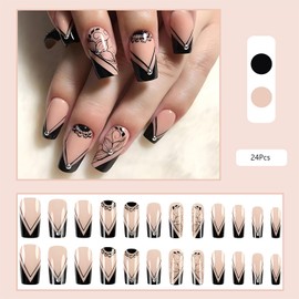 24 Pcs French Tip Press on Nails Medium Coffin Fake Nails with Black Flower Stripes Rhinestone Nails Press ons Glossy Acrylic Glue on Nails Full Cover Stick on Nails Summer Artificial Nails for Women