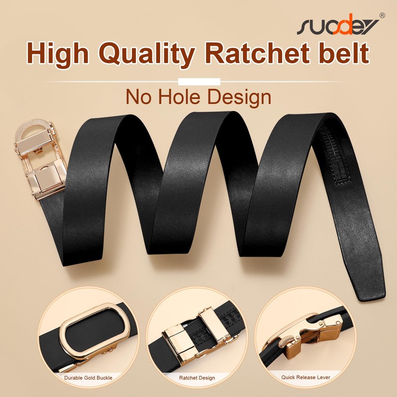 SUOSDEY Women Leather Ratchet Belt for Jeans Dresses Pants Black