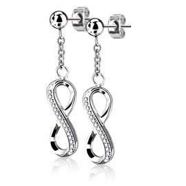 Bungsa Women's Earrings Infinity Sign with Crystals Silver 316L Stainless Steel, Stainless Steel, Cubic Zirconia