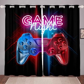 Feelyou Boys Gaming Curtains Gamer Curtain for Teens Kids Men Black Modern Video Game Controller Window Treatments Cool Blue Red Action Buttons Window Drapes Room Decor (2 Panels, 42 x 63 Inch)