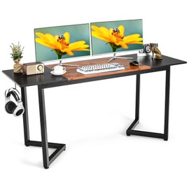 Tangkula 63 Inch Large Home Office Computer Desk, Simple Study Writing Desk w/Splice Board, Industrial Computer Table Workstation w/Metal Frame & Hook, Rectangular Dining Table Conference Table