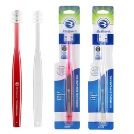 Brilliant Oral Care Adult Toothbrush with Soft Bristles, Round Head, and All-Around Clean for Teeth and Gums, Red + Clear, 2 Pack