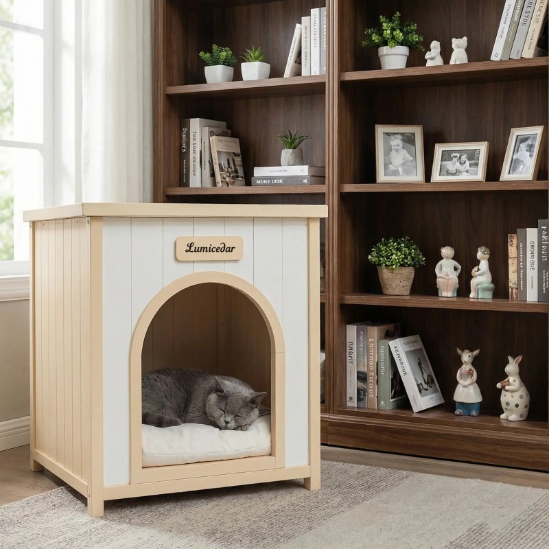 Solid Cedar Wood Indoor Pet House with Removable Cushion for