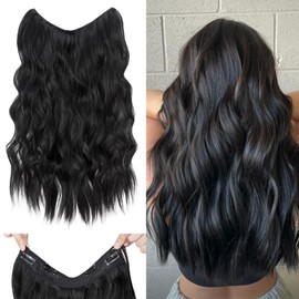 24 Inch Wire in Hair Extension Hidden Invisible Adjustable Wire Hair One Piece Wavy Curly Long Synthetic Hairpieces for Women Natural Heat Temperature Fiber Colour-Black