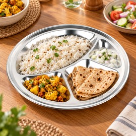 4-Grid Stainless Steel Serving Plate 32cm – Polished Divided Dinner Tray for Family Meals, Restaurants & Picnics