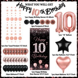 10th Birthday Decorations for Girls, TSVATE Rose Gold Happy 10th Birthday Decorations, Happy 10th Birthday Banner, 10th Birthday Backdrop Yard Door Wall, 10th Birthday Balloons, Pompoms, Star Streamer