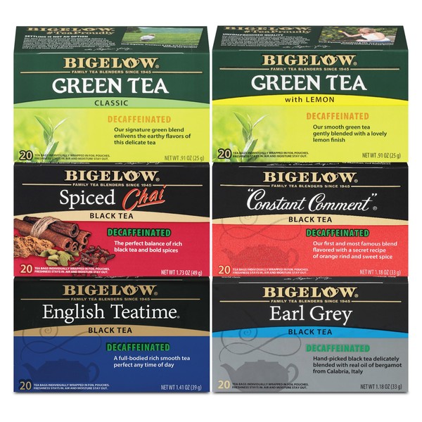 Bigelow Tea Decaffeinated Teas 6 Flavor Variety Pack, 20 Count (Pack of 6), 120 Total Tea Bags