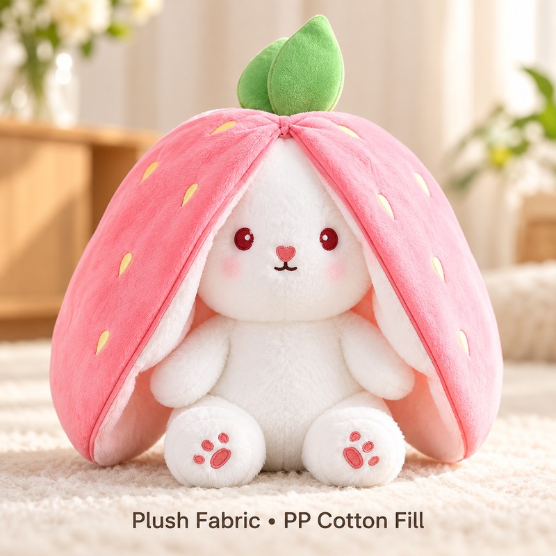 Kawaii Transforming Fruit Bunny Plush Toy, Strawberry and Carrot Rabbit