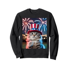 4th of July Cat Selfie Uncle Sam Hat Fireworks Funny Patriot Sweatshirt