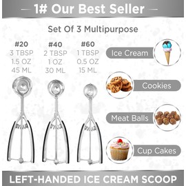 Lefty’s Left handed Ice Cream Scoop Set of 3 - #20, 40, 60 Portion Kitchen Tools - Great for Scooping & Portioning Cookies, Meatballs, Cupcakes - Gifts for Left-Handed, Lefty, Adults, Chefs and Women