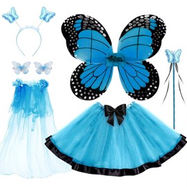 WILDPARTY Fairy Costume Kids Set, Butterfly Wings Tutu Hair Clips Magic Wand Headband Veil for Age 3-8 Years