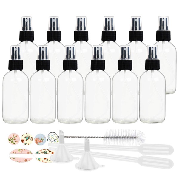 STARSIDE 12 Pack 120 ml 4oz Clear Glass Spray Bottles with Fine Mist Sprayer & Dust Cap for Essential Oils, Perfumes,Cleaning Products.Included 1 Brush,2 Funnels,2 Droppers & 18 Labels.