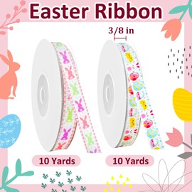 Easter Grosgrain Ribbon,Easter Ribbon Thin 2pcs Printed Ribbon for Gift Wrapping,3/8 Inch 10 Yards(Egg&Bunny)