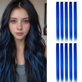 BUYOGET Coloured Hair Extensions Clip in 10 pcs Straight Synthetic Hairpieces Highlights 21 Inch Sapphire Blue Clip on Hair Extension for Women Girls Christmas Party
