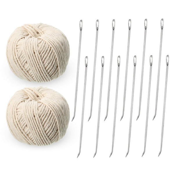 Poultry Lacing Kit Turkey Lacer 7 Inch Roasting Supplies Meat Trussing Needle Stainless Steel Pin and Cotton Twine Cooking Twine for Trussing, Tying Poultry Meat, Pig, Roasting Turkey (14 Pieces)