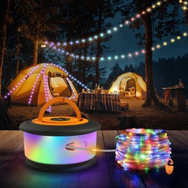 TOHETO Camping String Lights, 3 in 1 Upgraded Retractable RGB Outdoor String Lights with 19 Lighting Modes,Quick 30s Recovery, 32.8 FT Portable Tent Lights, Rechargeable Camping Lantern (Black&Orange)