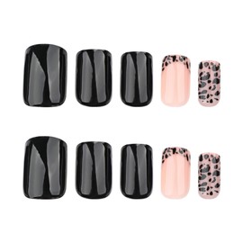 MERVF Square Press on Nails Medium Fake Nails Leopard French Tip Glue ons Cheetah Design Wild Black Squoval Acrylic DIY Manicure Nail Supplies Art 24pcs Glossy