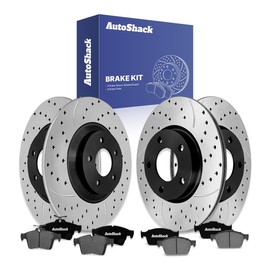 AutoShack Front Vented & Rear Solid Drilled & Slotted E-Coated Brake Rotors + Ceramic Pads 12-PC Brake Kit Replacement for 2012-2017 Mazda 5 2006-2010 Mazda 5 ShadowGuard