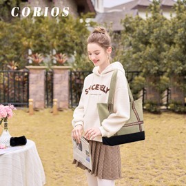 CORIOS Women Tote Bag Canvas Handbag Casual Shoulder Bag Lightweight Top Handle Bag Casual Satchel Bag Large Capacity Hobo Bag Chic Bag for Work School Shopping Travel Daily Khaki