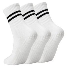 Lacholin Yoga Socks with Grips for Women, Cotton Mid-tube Crew Grippy Socks Grips Non Slip Socks for Yoga, Pilates, Barre, Dance, Ballet, Workouts - 3 Pairs - White