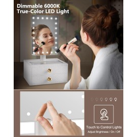 Star Vision 2-in-1 Lighted Makeup Mirror with PU Jewelry Organizer, Dimmable 6,000K Cool White Light, 2-Layer Drawers, PU Surface with Stitching, Includes a 10X Magnification Mirror, White
