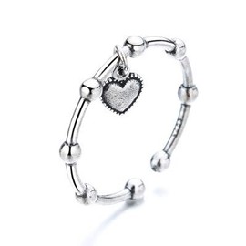 QIAMNI Heart Pendant Ring with Round Beads for Women Trendy Personality Retro Style Girls Bride Gift Dainty Jewelry, Zircon