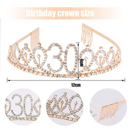 30th Birthday Crown Sash, Birthday Tiara Gold Birthday Sash Hairpin, Hen Party Set for 30th Birthday Decoration Gift Women Party Accessories